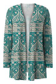 Teal paisley print open-front duster cardigan with long sleeves and pockets.
