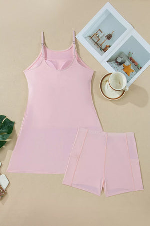 Solid Color Tunic Tank Dress Athletic Shorts Set, model styling view