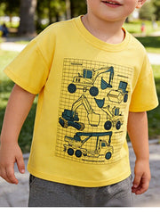 Toddler crew neck t-shirt with construction vehicle graphic, casual style.