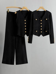 Black ribbed knit outfit set with gold buttons, featuring a cardigan and wide-leg pants.