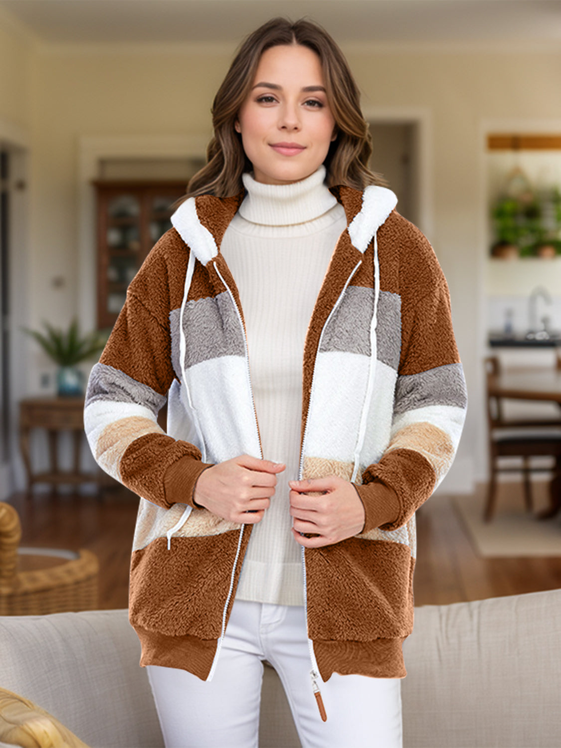 Teddy fleece zip-up hoodie jacket with color block pattern in brown, white, grey, and tan.