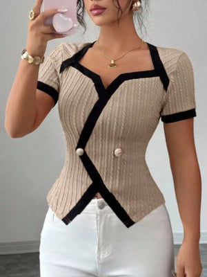 Khaki knit t-shirt with asymmetrical contrast trim and button detail