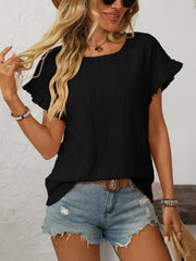 Black eyelet knit blouse with ruffled short sleeves and scoop neck.