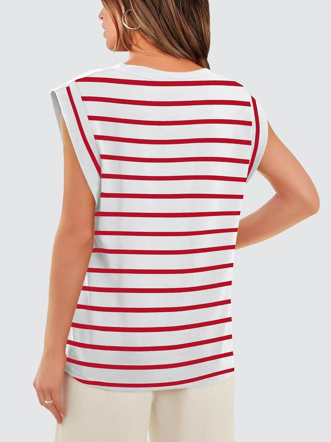 Padded shoulder tank top with red and white breton stripes and cap sleeves.