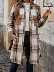 Tonal plaid shacket in coffee brown with sherpa accents and button front.