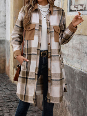 Tonal plaid shacket in coffee brown with sherpa accents and button front.