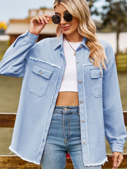 Misty Blue overshirt with frayed edges and patch pockets, button front, long sleeves.