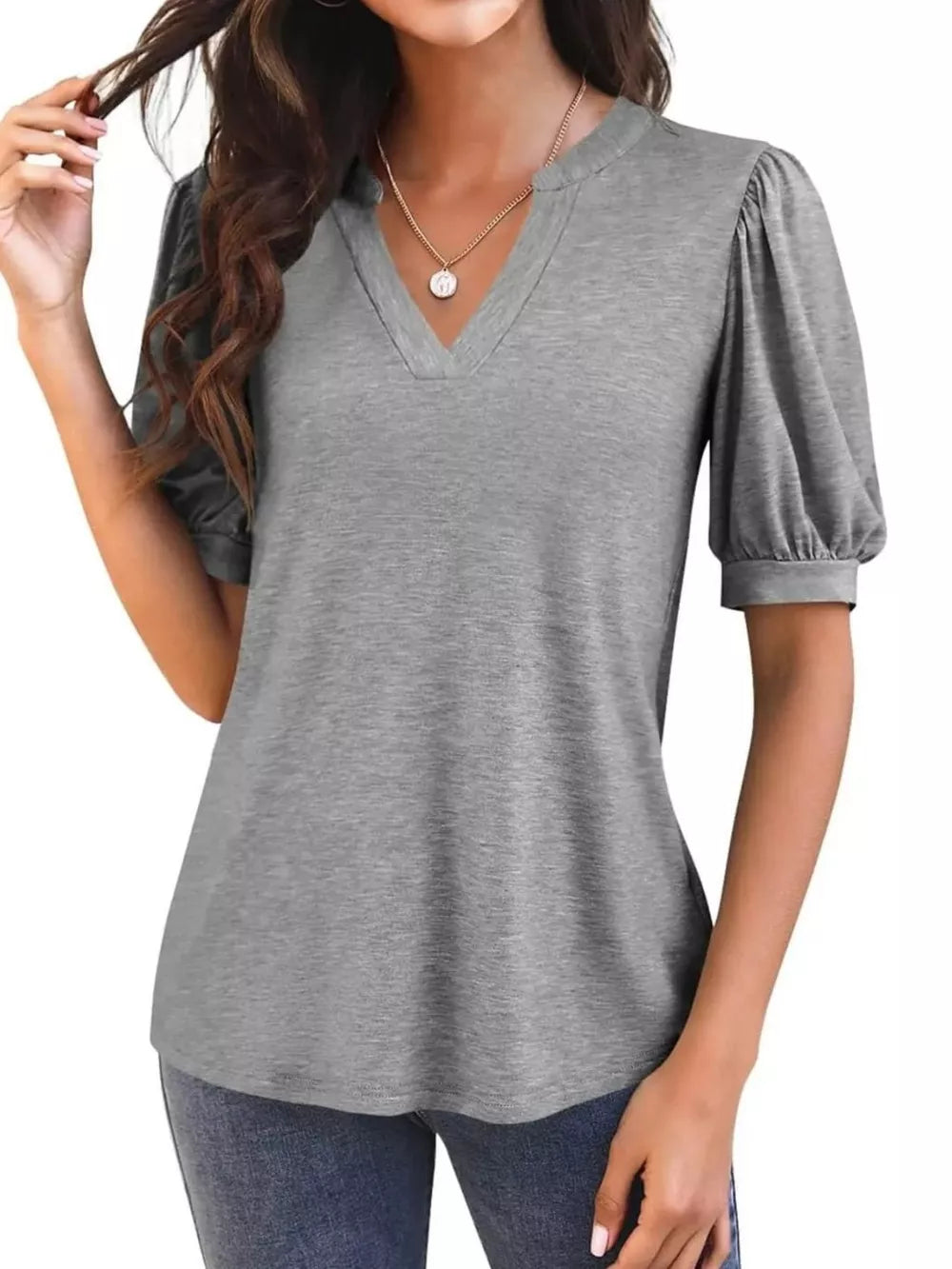 Dark gray t-shirt with puff sleeves and notched V-neck.