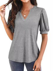 Dark gray t-shirt with puff sleeves and notched V-neck.