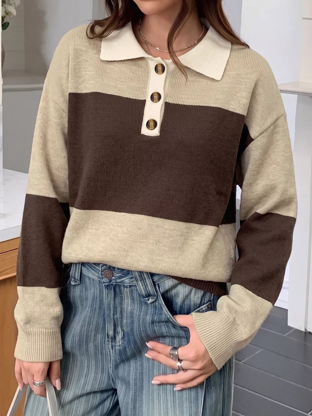 Color Block Polo Collar Sweater in Coffee Brown, model styling view