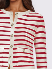 Breton stripe cropped cardigan in deep red and white with button front and patch pockets.