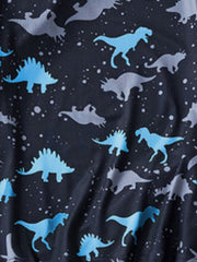 Toddler two-piece set with blue and grey dinosaur silhouettes on a dark background.