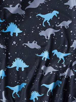 Toddler two-piece set with blue and grey dinosaur silhouettes on a dark background.