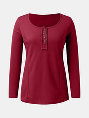 Burgundy ribbed henley scoop neck top with button detail