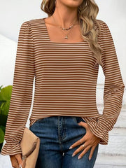 Striped long sleeve top with square neckline and ruffled cuffs in camel and white.