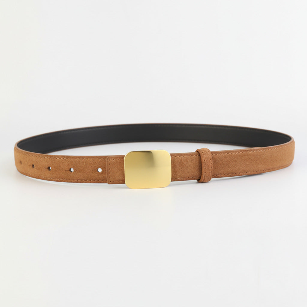 Brown cowhide leather belt with square gold buckle