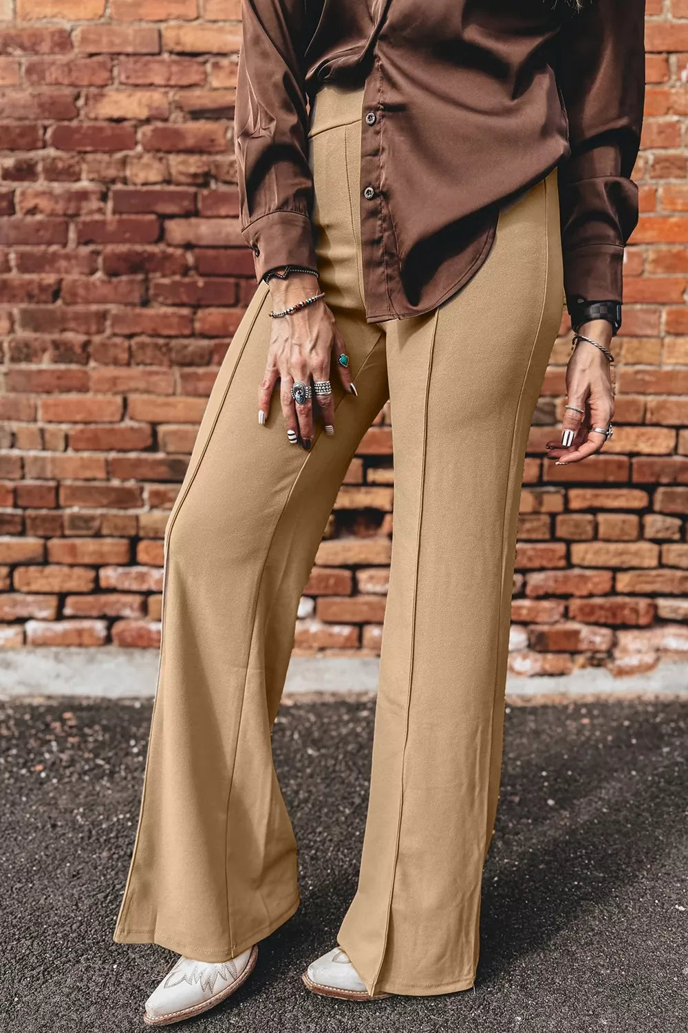 High Waist Full Length Regular Fit Pants in Tan, model styling view