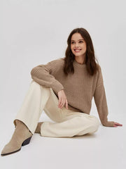 Chunky knit sweater in camel acrylic with relaxed fit and crew neck.