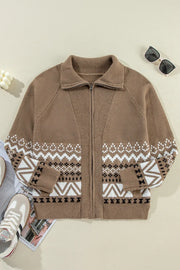 Taupe zip-through knit jacket with Fair Isle pattern and collared neckline.