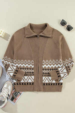 Taupe zip-through knit jacket with Fair Isle pattern and collared neckline.