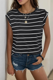 Button-shoulder black and white stripe tee with cap sleeves.