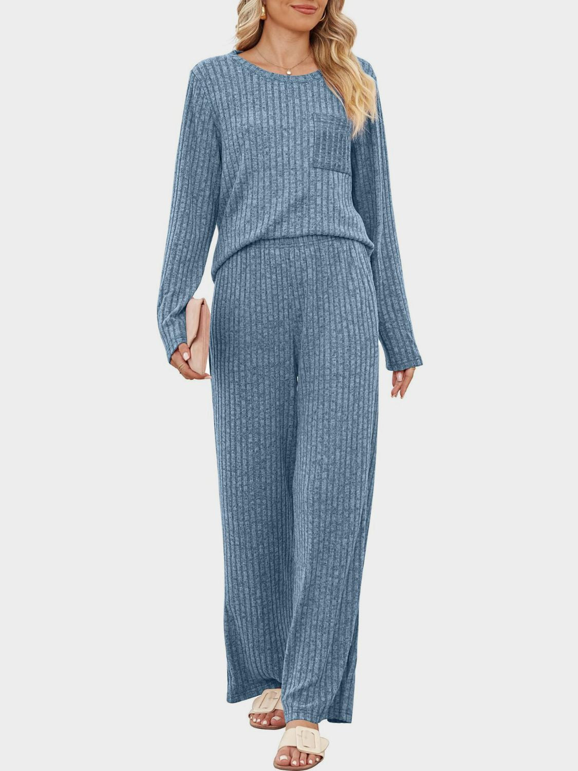Dusty Blue ribbed knit loungewear set with long sleeves, crew neck, chest pocket, and wide-leg pants.