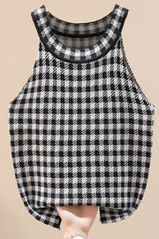 Houndstooth knit halter tank top in black and white acrylic with a scoop neckline.