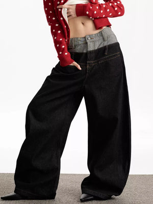 Layered double waist wide leg jeans in dark wash cotton denim with a relaxed fit.