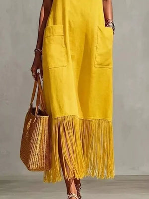 Yellow maxi dress with pockets and fringe hem detail