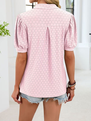 Pink eyelet collar top with puff sleeves and a pleated back detail.