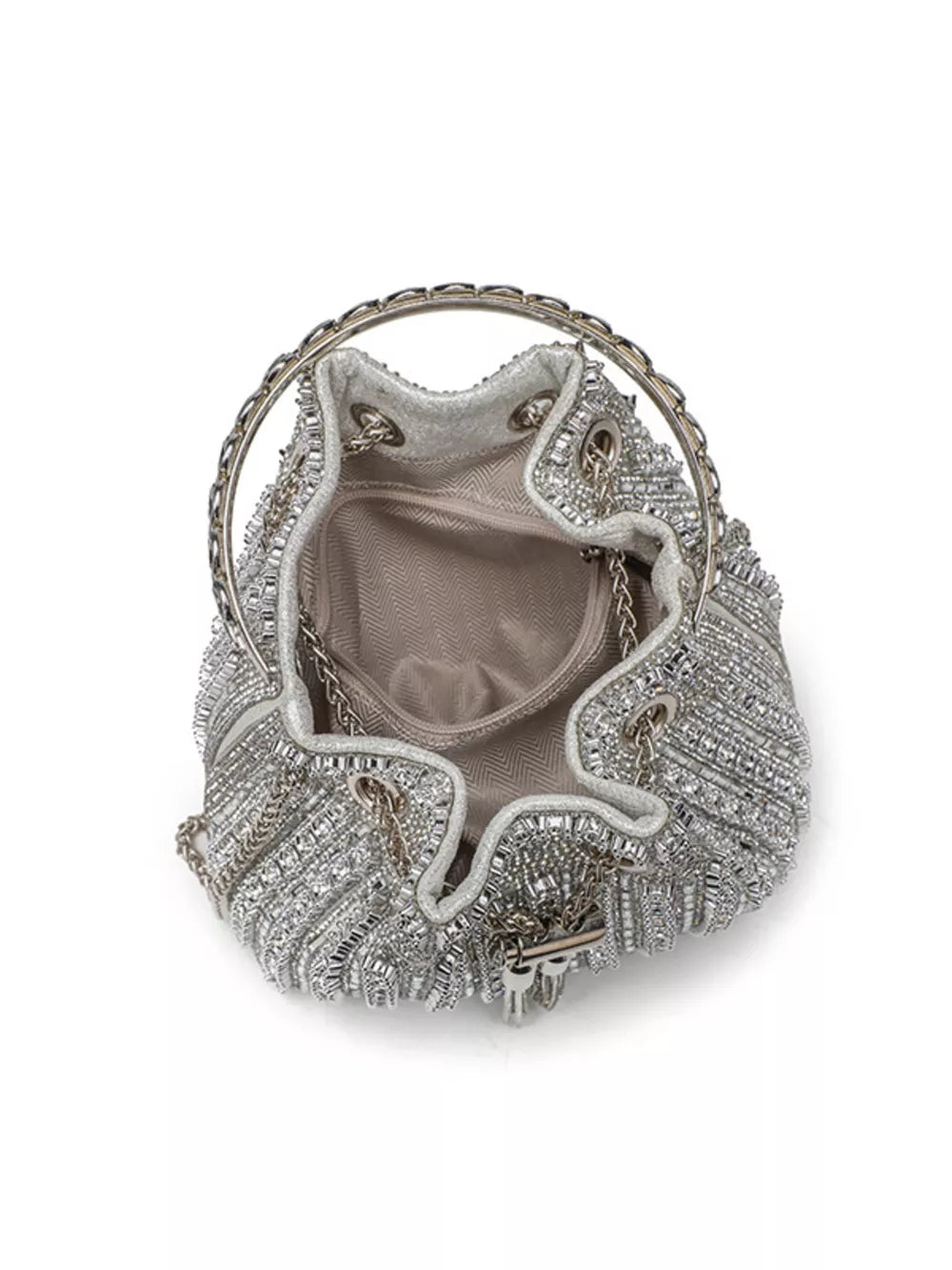 Silver rhinestone embellished mini bucket crossbody bag with chain handle and strap.
