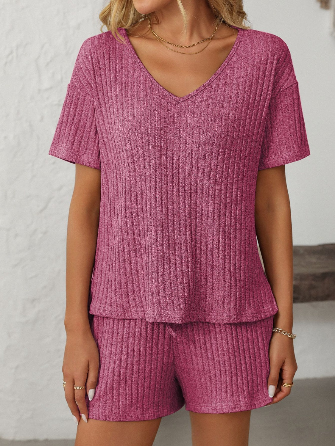 Ribbed V-neck loungewear set in Red-Violet with drawstring shorts.