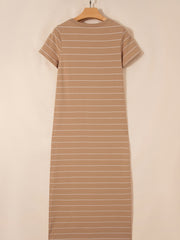 Maxi t-shirt dress in tan with white horizontal stripes, short sleeves, and crew neck.