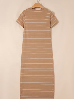 Maxi t-shirt dress in tan with white horizontal stripes, short sleeves, and crew neck.