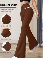 Premium high waist flare pants in caramel cotton, showing tummy control and 4-way stretch.