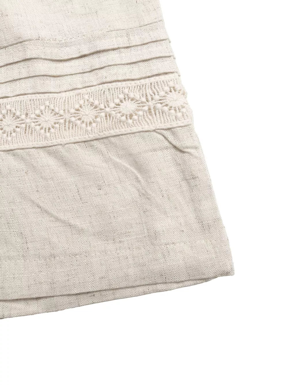 Beige maternity trousers with pleated detail and crochet trim