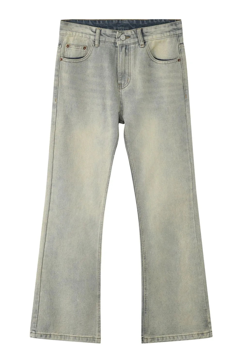 Relaxed flare denim trousers in light blue wash with a subtle vintage fade.