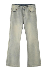 Relaxed flare denim trousers in light blue wash with a subtle vintage fade.