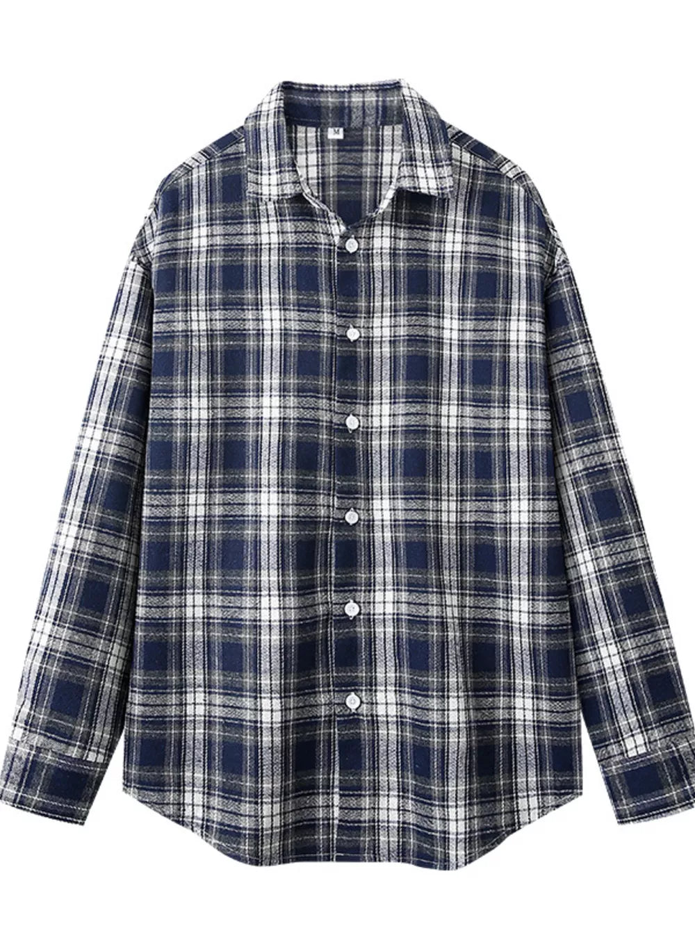 Relaxed fit men's long sleeve button-up shirt in Navy Blue grid plaid cotton.