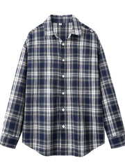 Relaxed fit men's long sleeve button-up shirt in Navy Blue grid plaid cotton.