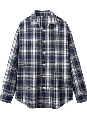 Relaxed fit men's long sleeve button-up shirt in Navy Blue grid plaid cotton.