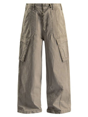 Relaxed fit khaki cargo pants with drawstring waist and large side pockets.