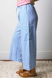 Maternity wide-leg ankle pants in blue and white stripes with pockets and drawstring waist.