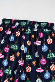 Navy blue lounge pants with festive bauble print and elastic waistband.