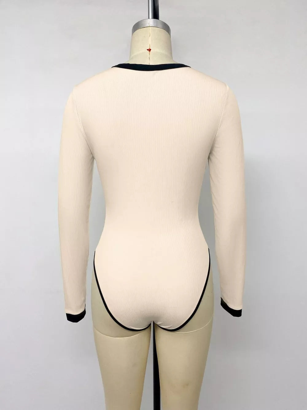 Ribbed V-neck Long Sleeve Bodysuit in Tan, fit detail