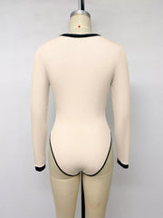Ribbed V-neck Long Sleeve Bodysuit in Tan, fit detail