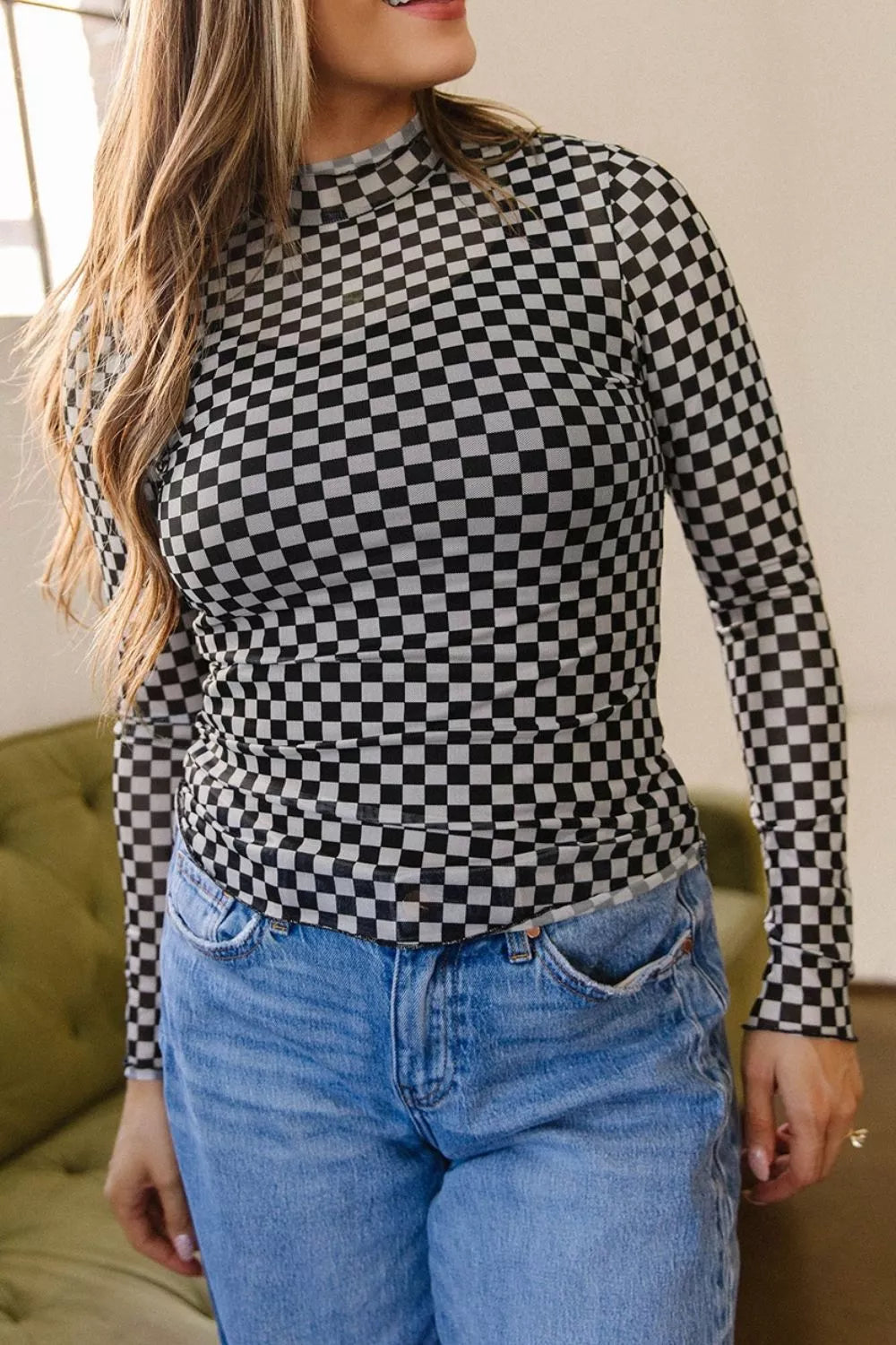 Plaid Stand Neck Long Sleeve Mesh Top, model styling view