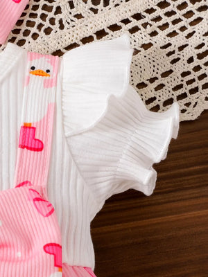 Children's Bow Duck Print Romper With Headband in Pink, fabric detail