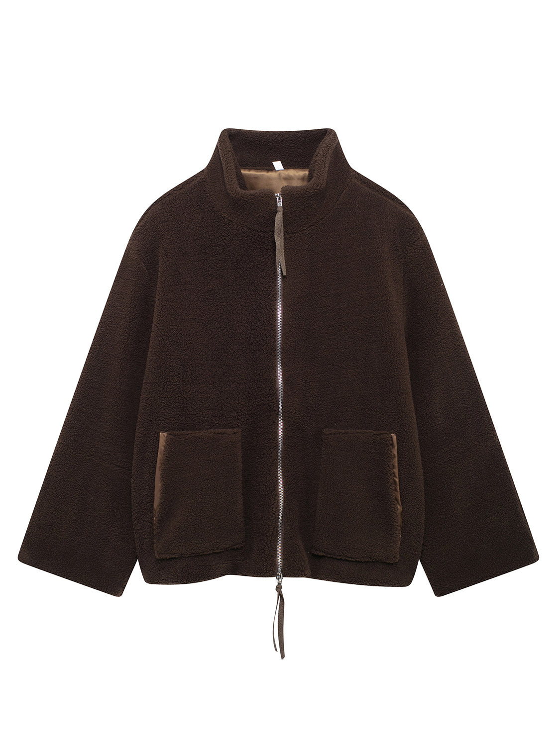 Brown sherpa stand-collar jacket with zip front and two patch pockets.