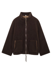 Brown sherpa stand-collar jacket with zip front and two patch pockets.